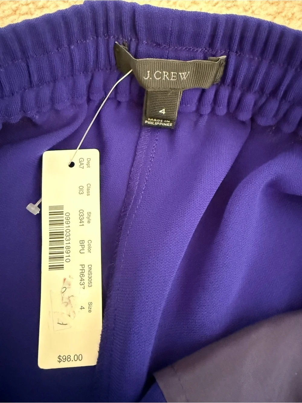 NEW J Crew Cobalt Blue Elastic Drawstring Pants Mid Rise Crepe, Size 4